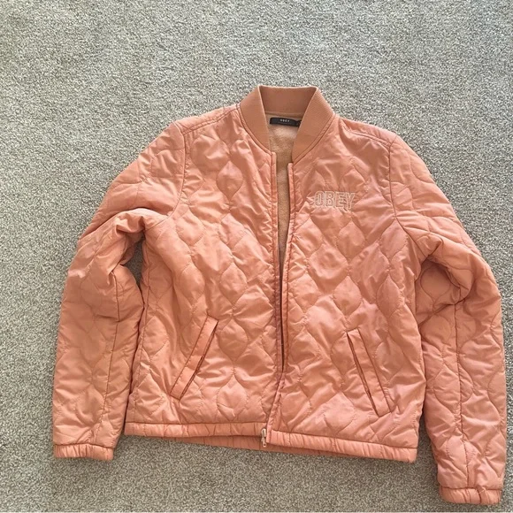 Obey Quilted Pink / Peach Embroidered Logo Puffer Jacket size Medium - Picture 5 of 12